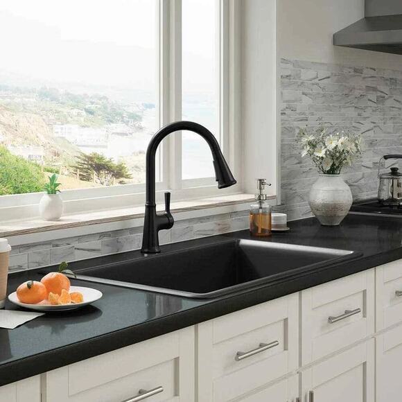 KOHLER Tyne Single-Handle Pull-Down Sprayer Kitchen Faucet in Matte Black - Picture 4 of 8